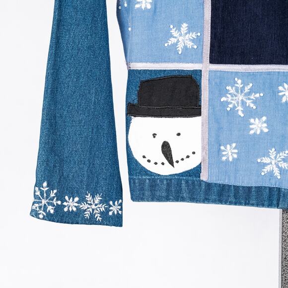 Womens Snowman Winter Holiday Embroidered Denim Jacket Corduroy Patchwork Beaded - Picture 3 of 8